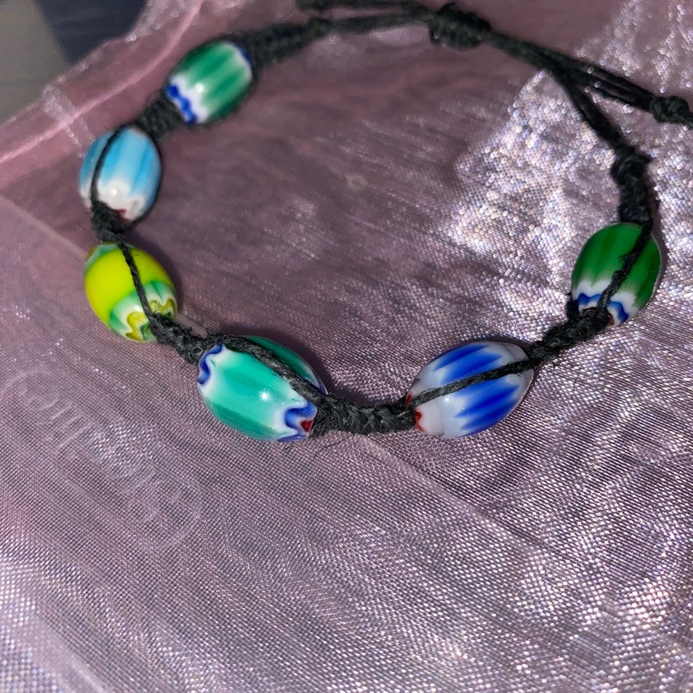 HANDCRAFTED/HANDMADE Glass Chevron Barrel Beads with Black Hemp Cord - Picture 4 of 7